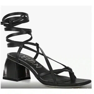 Deltan Size 6M Fawn Ankle Wrap Strappy Block Heel Thong Dress Sandals Black NEW